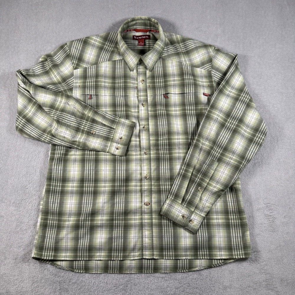 Simms Challenger Fishing Shirt Mens XL Green Plaid Long Sleeve Button Down 32898